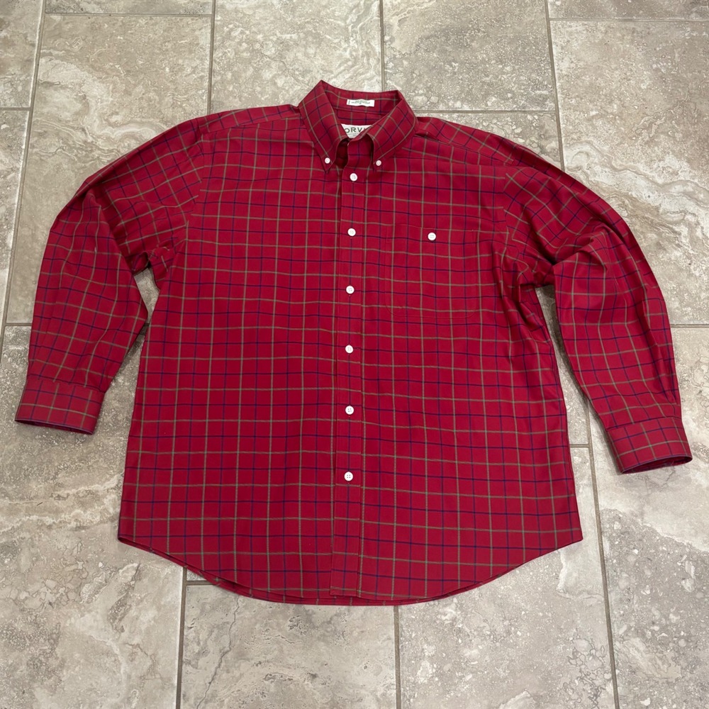 Orvis Mens XL Red‎ Plaid Button Down Shirt Long Sleeve 100% Cotton Sporting Trad